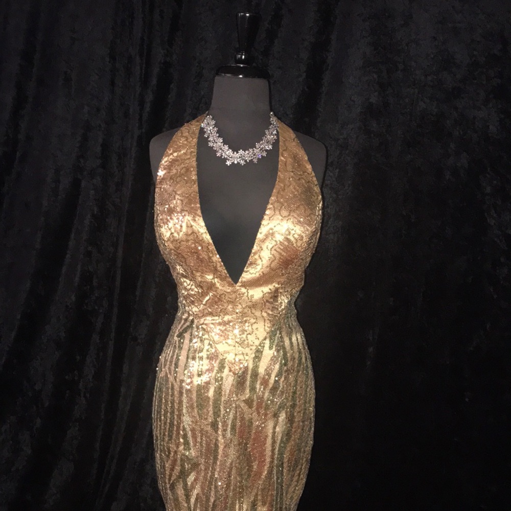 Gold and olive Halter prom gown